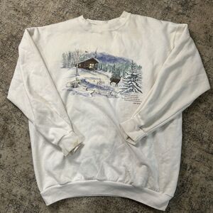 Vtg 90s Northern Reflections White Snowy Woods Deer Cabin Sweatshirt Womens S/M
